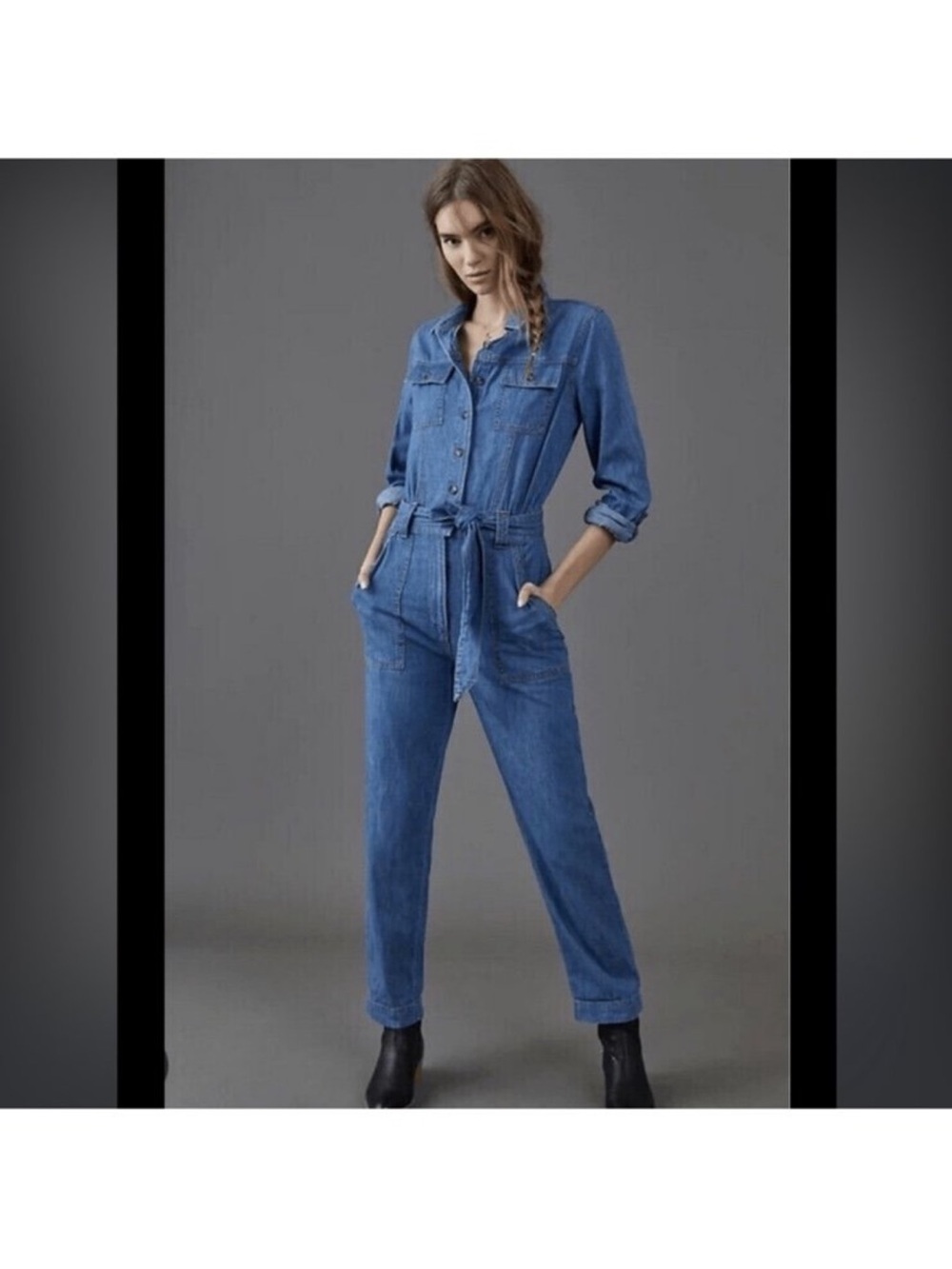 Anthropologie Blue Denim Tie-Waist Utility Jumpsuit